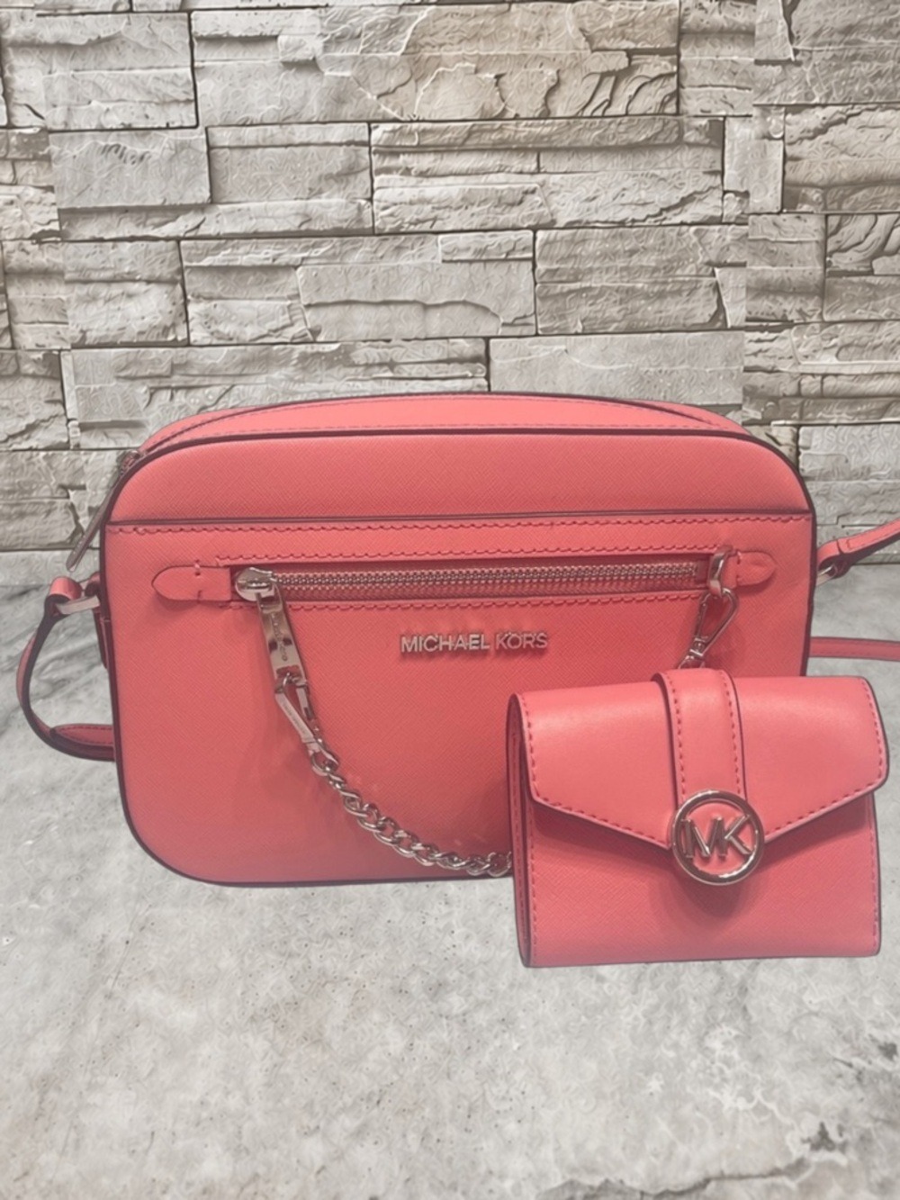 Michael Kors Saffiano Leather Chain Crossbody & Matching Wallet Tea Rose Pink